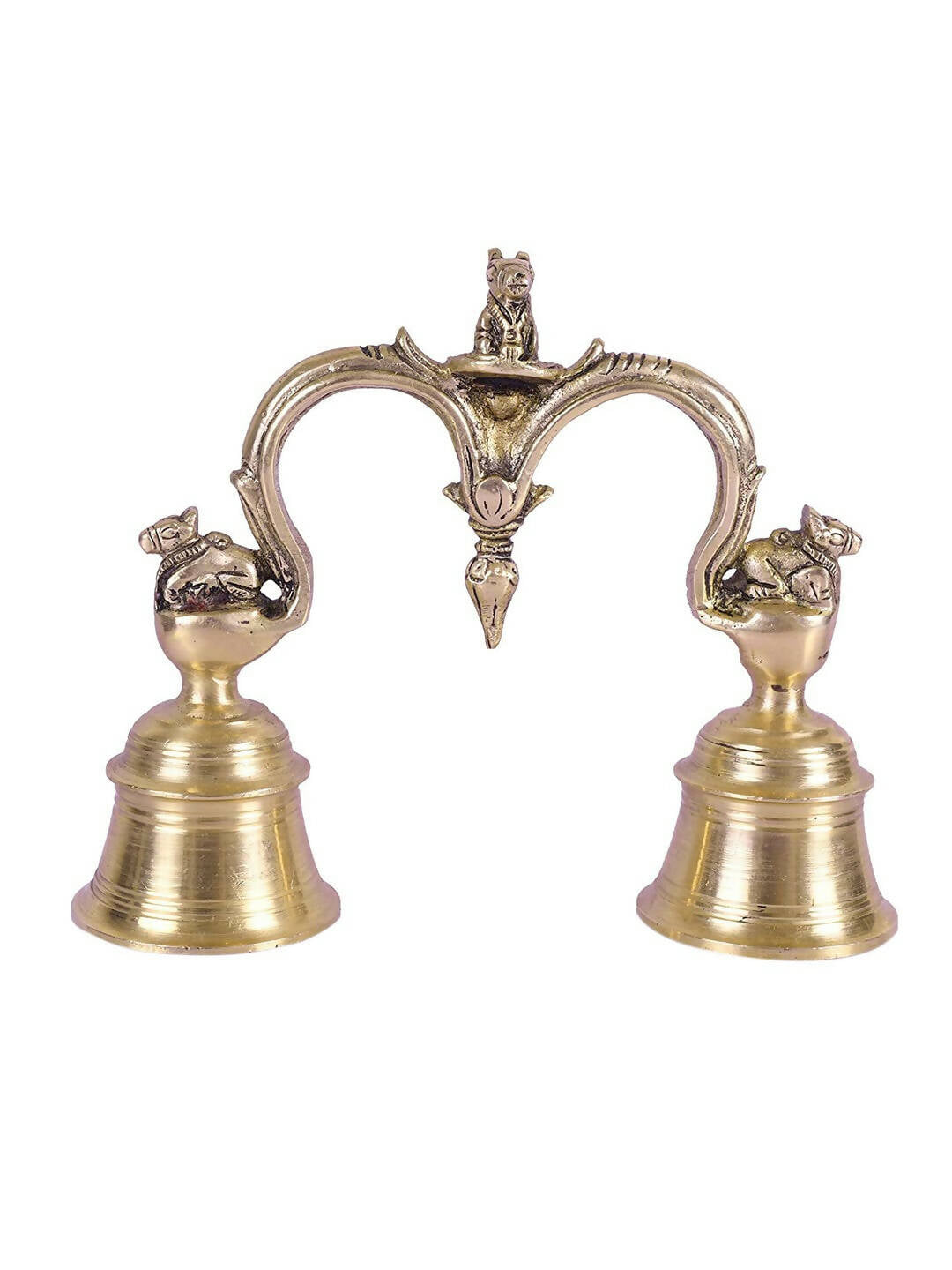 CraftVatika Gold-Toned Brass Hand Held With Nandi Sitting On Top Double Puja Bell | Grocsy
