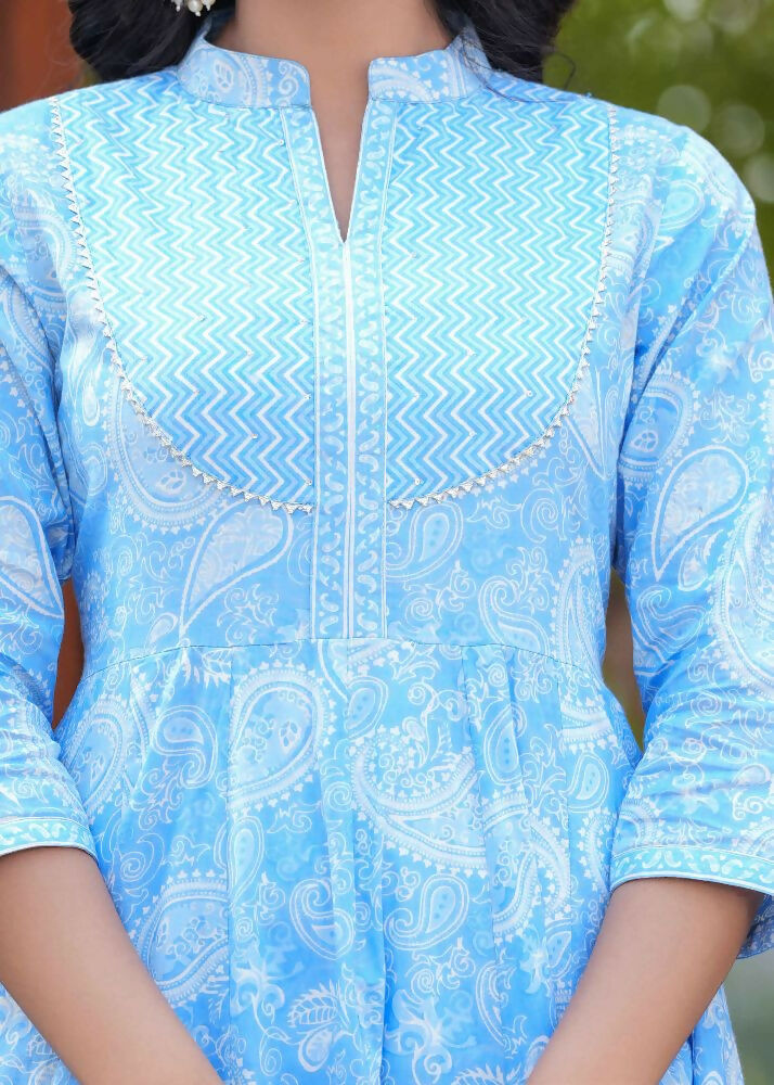 Jaimini Women Cotton Printed Mandarin Collar Neck Calf Length Flared Kurta Pant And Dupatta Set | Grocsy
