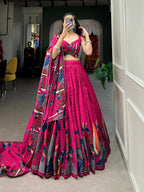 Vastranavya Polyester Viscose Chanderi Lehenga Choli With Intricate Print And Dupatta - Pink | Grocsy