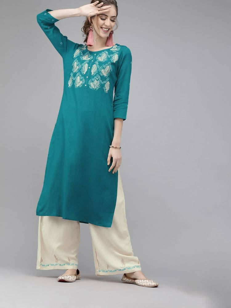 Yufta Women Green & Beige Embroidered Straight Kurta With Trouser | Grocsy
