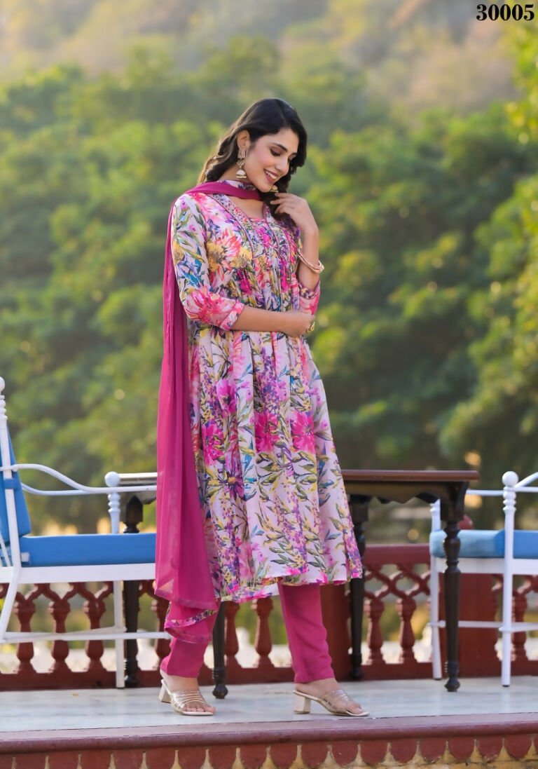 Designer Stylish Pink Slim Georgette Stitched Suit With Dupatta - Kiyara | Grocsy