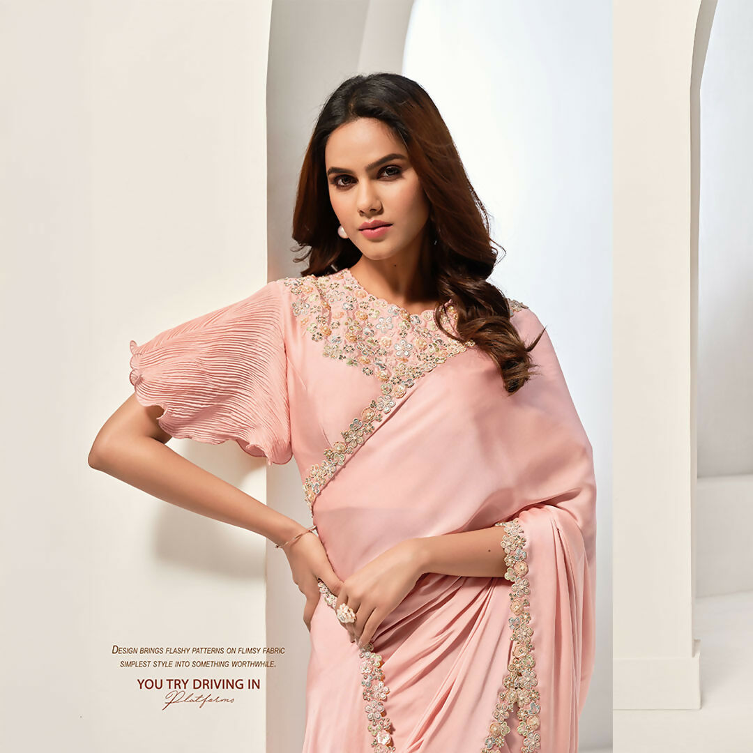 Peach Crepe Satin Silk Sequence & Handwork Saree With Unstitched Blouse - Norita Saanjh | Grocsy
