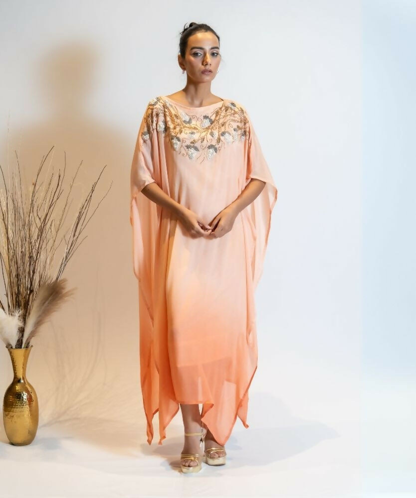 Timaraa Coral Peach Ombre Embellished Kaftan Dress | Grocsy