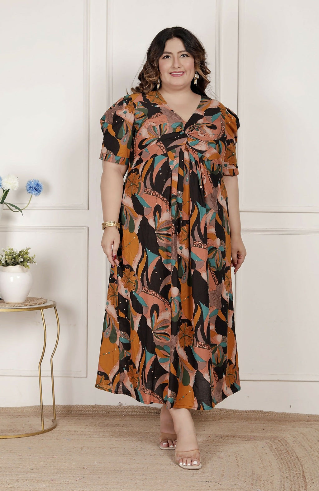 Miravan Womens Plus Size Pure Cotton Black Puff Sleeve Floral Printed Butterfly Maxi Dress | Grocsy