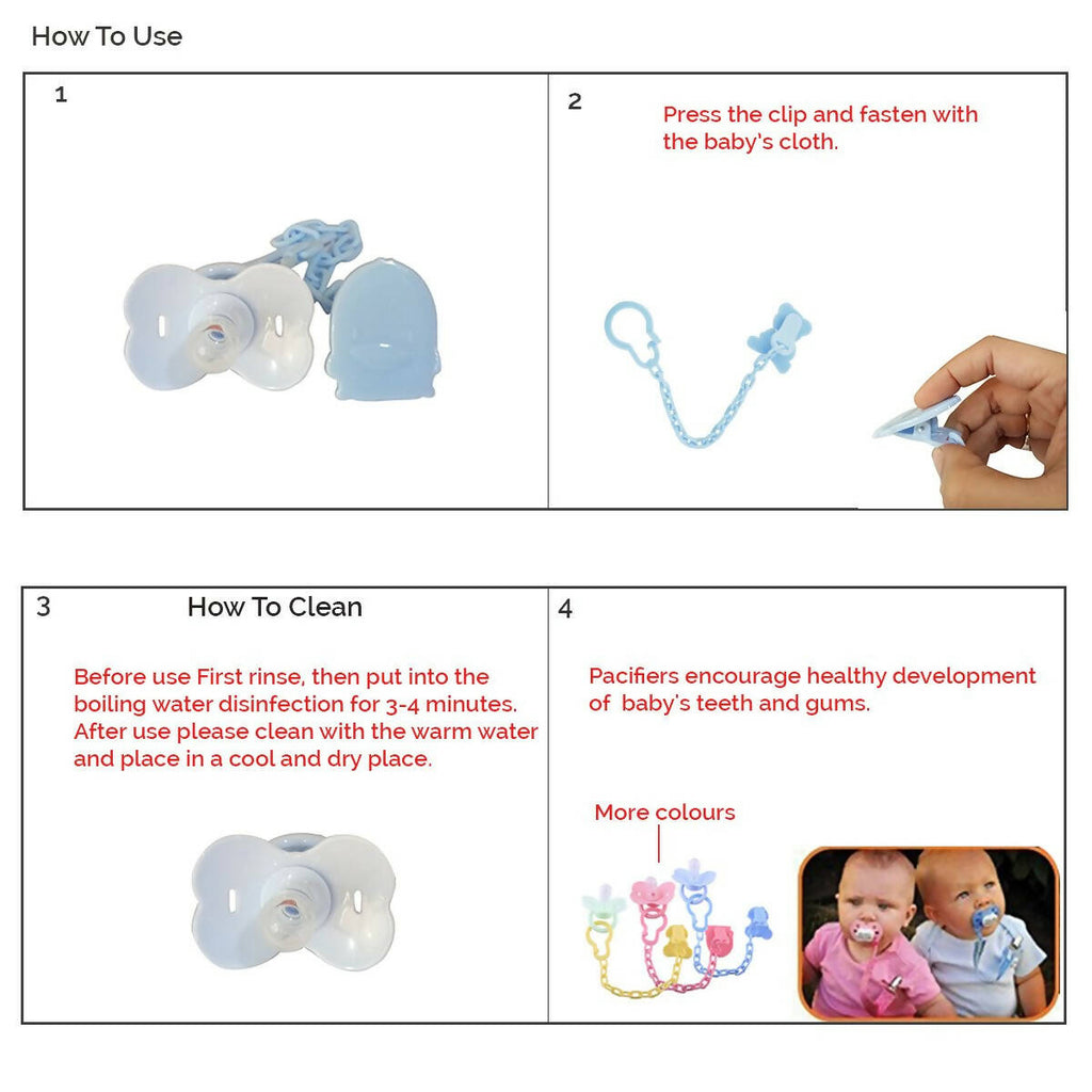 Safe-O-Kid-Baby Pacifier/Nipple With Chain And Clip, in cute Cartoon shape Helps In Preventing From Dust - (Blue) | Grocsy