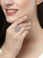 NVR Women's Pink & Silver CZ-Studded Handcrafted Adjustable Finger Ring | Grocsy