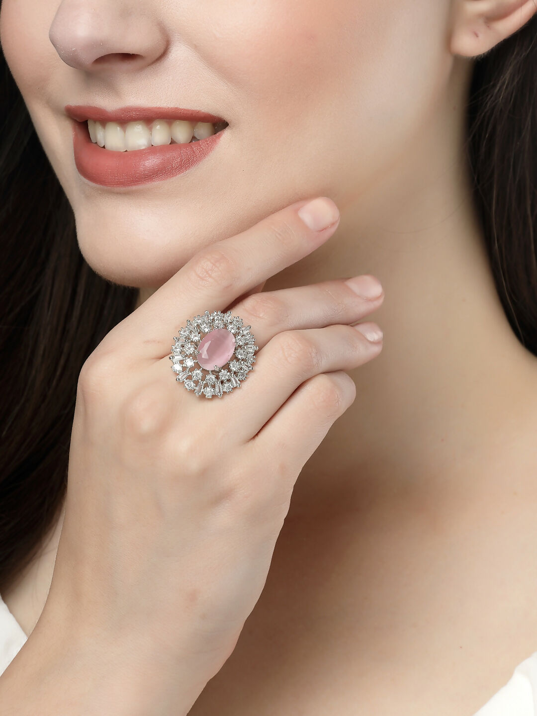 NVR Women's Pink & Silver CZ-Studded Handcrafted Adjustable Finger Ring | Grocsy