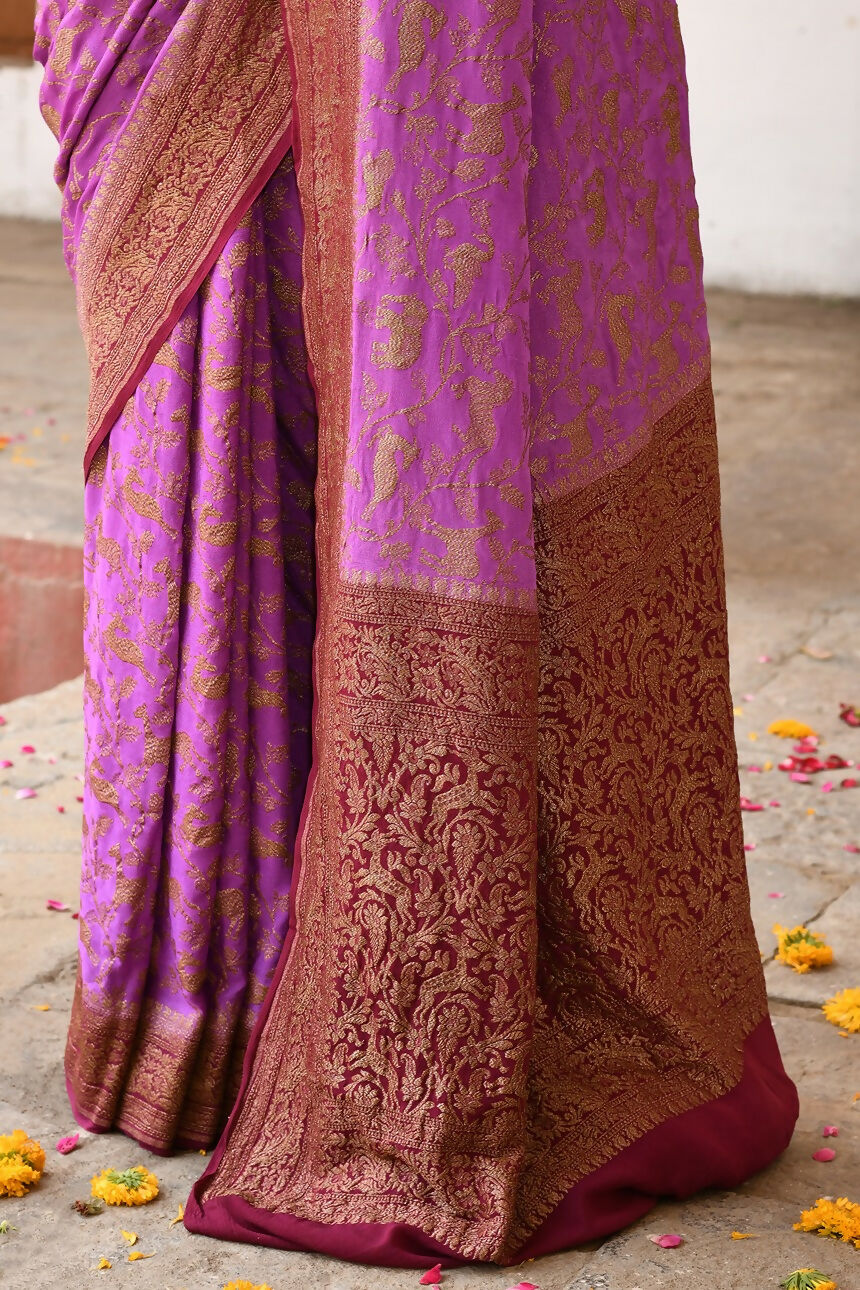 Joban Fashion Hot Pink Crepe Chiffon Pure Handloom Banarasi Silk Saree | Grocsy