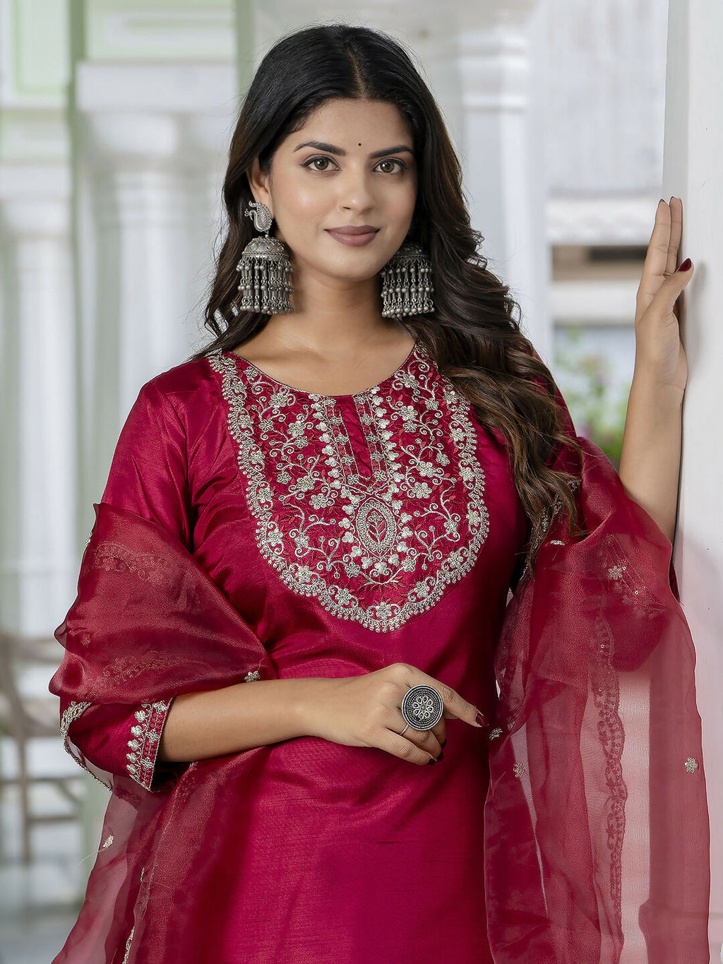 Vellora Red Silk Blend Embroidered Salwar Suit for Everyday Wear | Grocsy