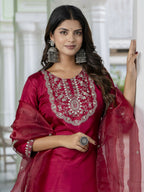 Vellora Red Silk Blend Embroidered Salwar Suit for Everyday Wear | Grocsy