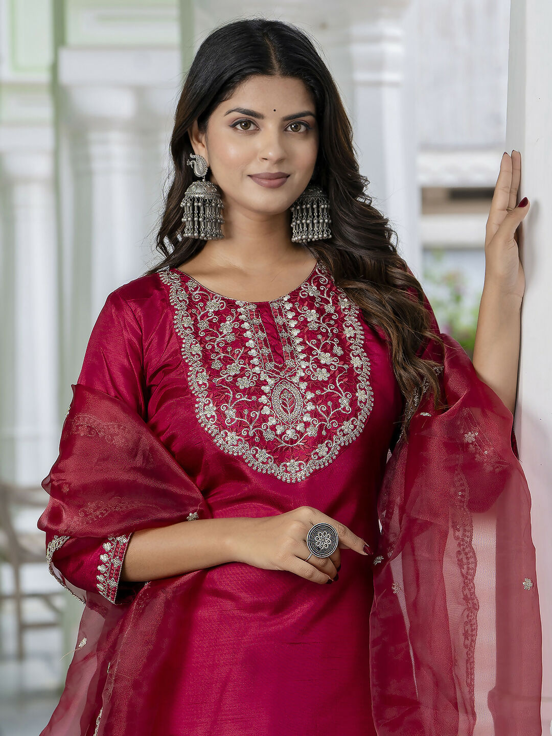 Vellora Red Silk Blend Embroidered Salwar Suit for Everyday Wear | Grocsy