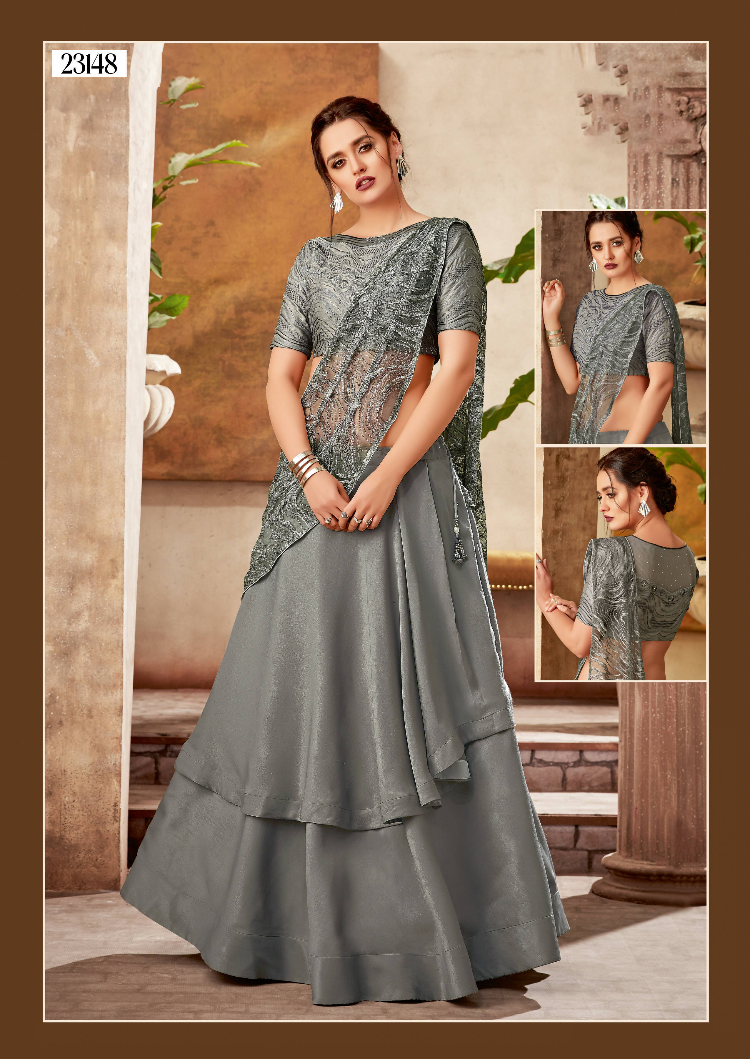 Grey Fancy Velvet Thread, Cord And Sequins Embroidery Semi-Stitched Lehenga Saree - Mohmanthan Dezzy | Grocsy
