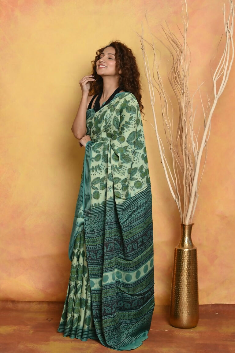 Very Much Indian Designer Modal Silk Saree With With Beautiful Floral Print - Sea Green | Grocsy