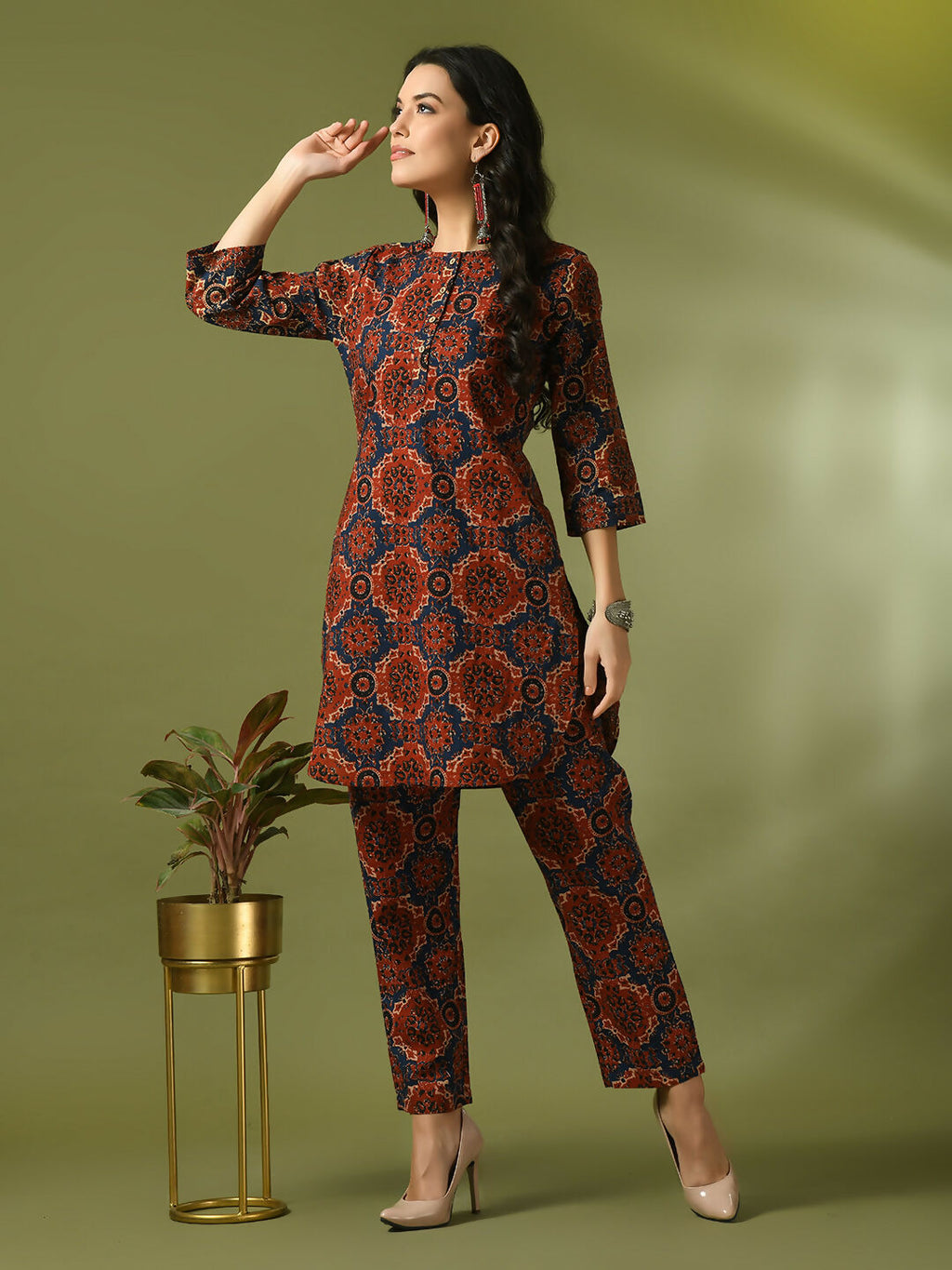 Myshka Women's Multi Printed Cotton Round Neck Party Tunic With Trousers Co-ord set | Grocsy