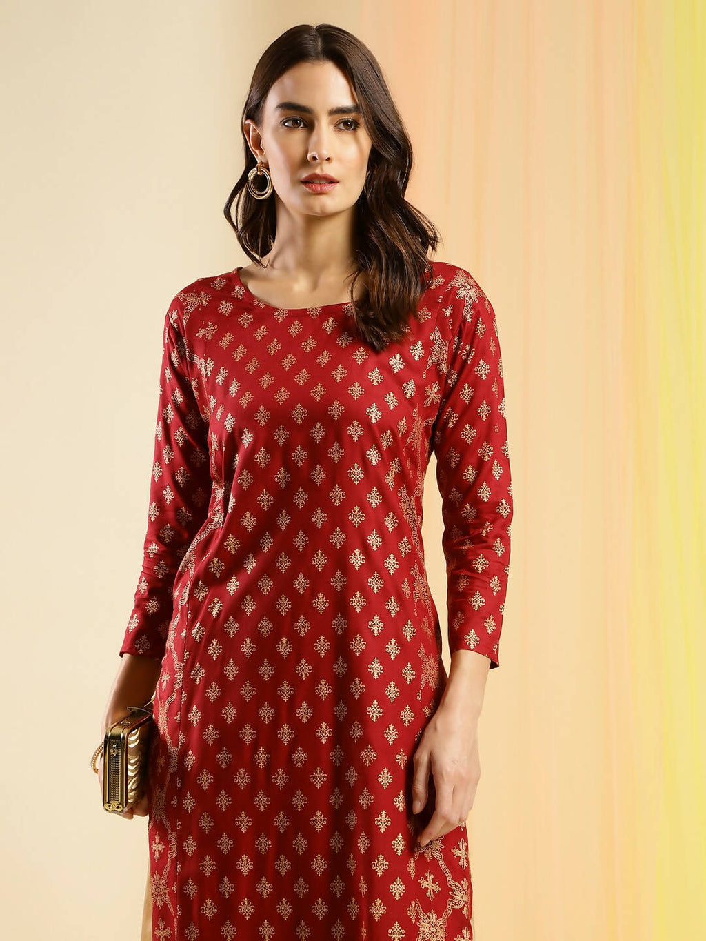 Maroon & Gold-Toned Viscose Rayon Ethnic Motifs Printed Kurta - Mamta | Grocsy