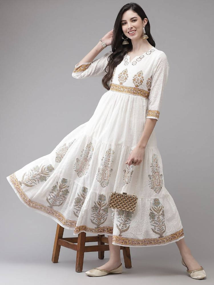 Yufta White Ethnic Printed Flared Dress | Grocsy