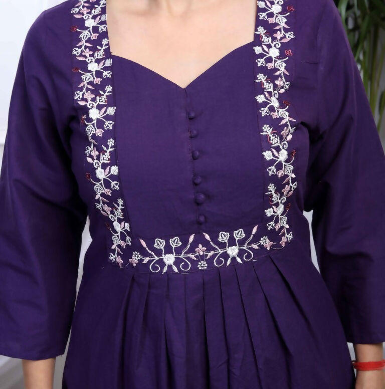 Miravan Women's Purple Embroidered Sweetheart Neck & Accordion Pleated Solid A-Line Kurta And Palazzo Set | Grocsy