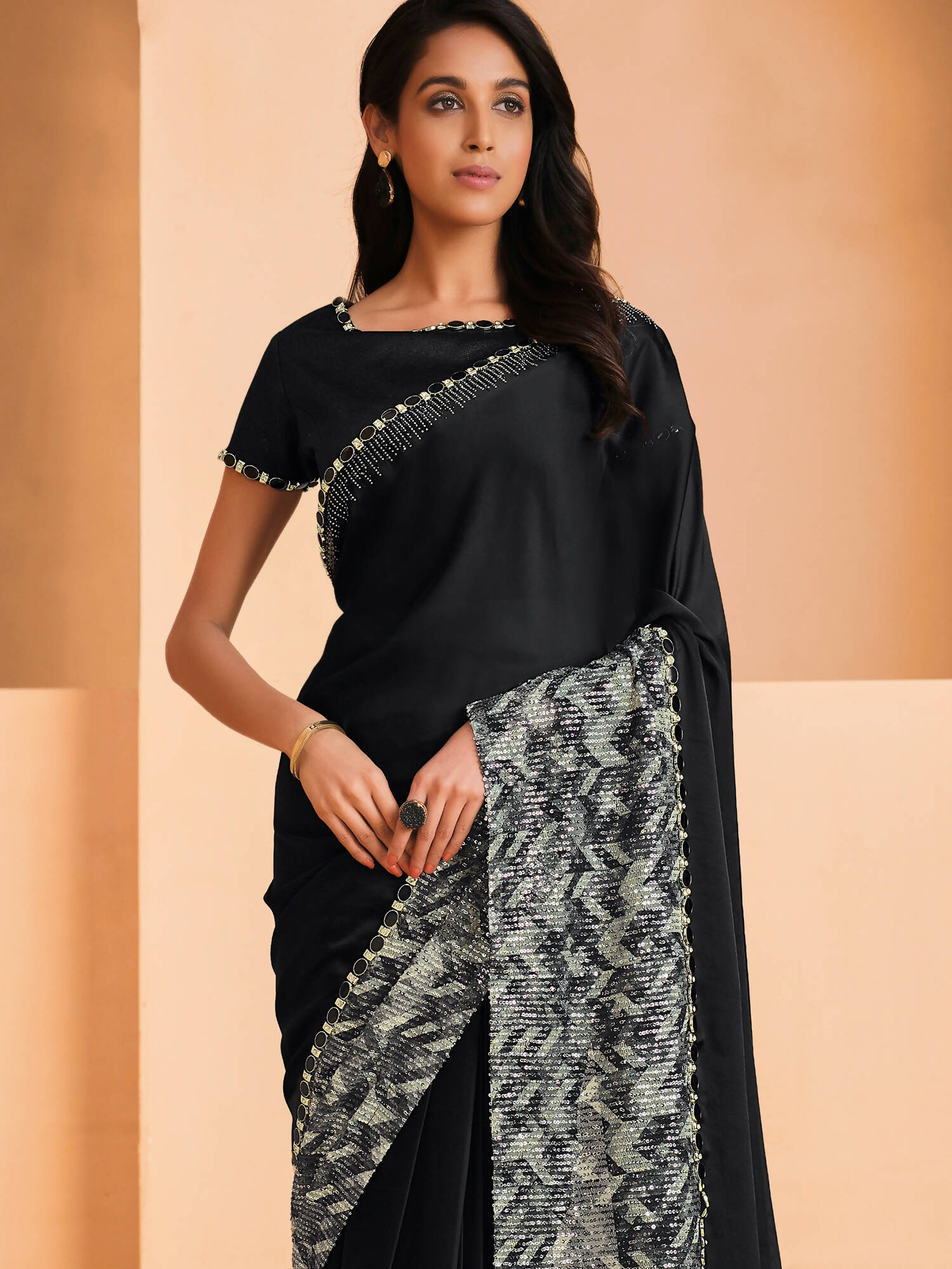 Black Satin Crepe Silk Sequence Embroidered Saree With Unstitched Blouse - Mohmanthan Yavanika | Grocsy