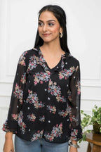 Myshka Women Black Floral V-Neck Regular Sleeves Synthetic Georgette Top | Grocsy