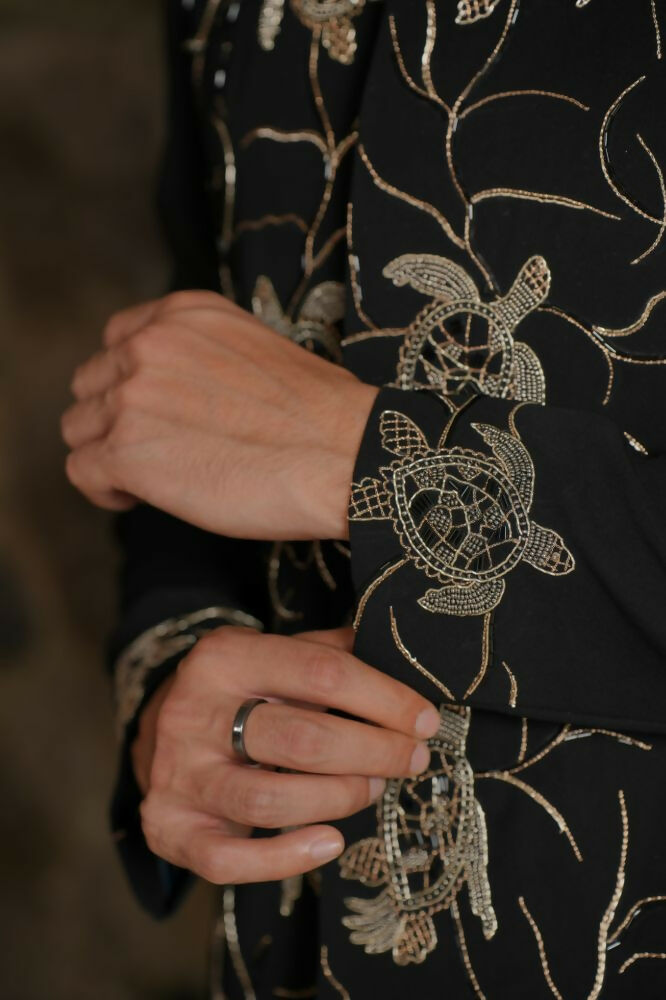 Classic Black Bandhgala Ensemble – Tortoise Embroidery by Hilo Design | Grocsy