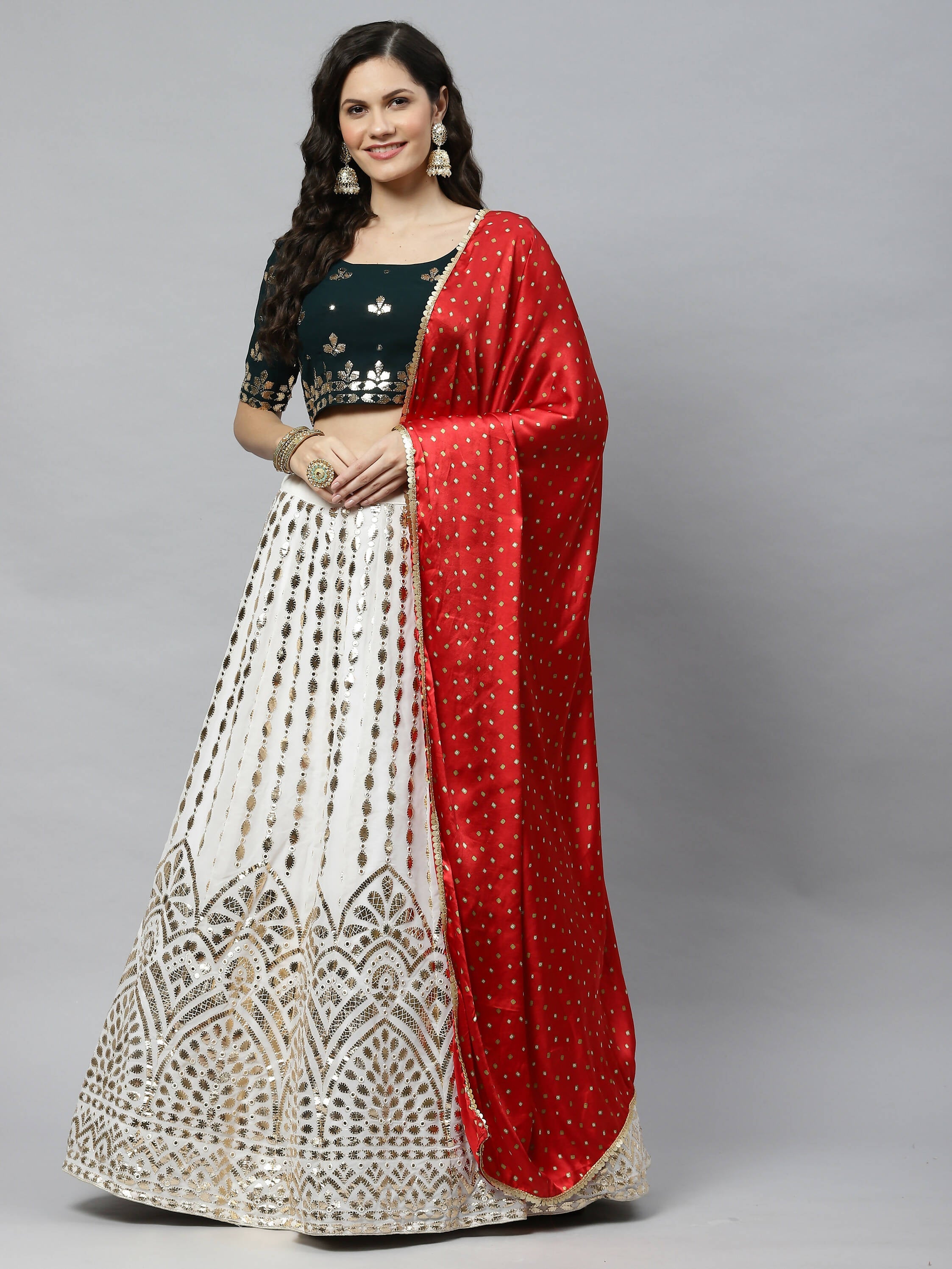 White Georgette Paper Mirror Embroidery Work Lehenga Choli with Dupatta - Jivika | Grocsy