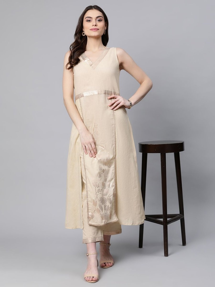Ahalyaa Women Beige Pure Cotton Printed Floral Kurta With Trousers | Grocsy
