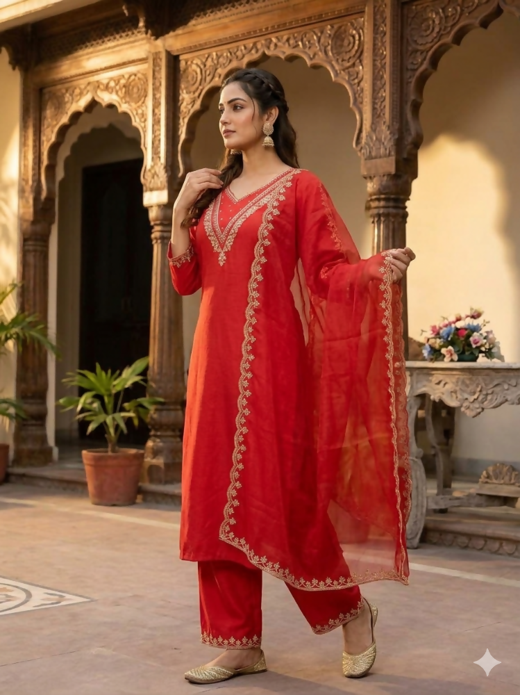 Teeya Creation New Womens Red Straight Cut Kurta Set with Scalloped Embroidered Organza Dupatta Set | Grocsy