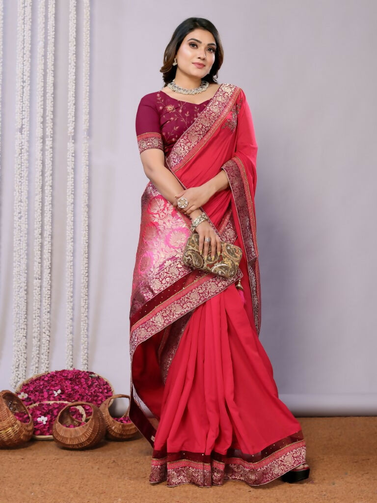 Pink Dual Tone Silk Georgette Thread Zari And Cord Embroidery Handwork Butta Saree - Norita Saumya | Grocsy