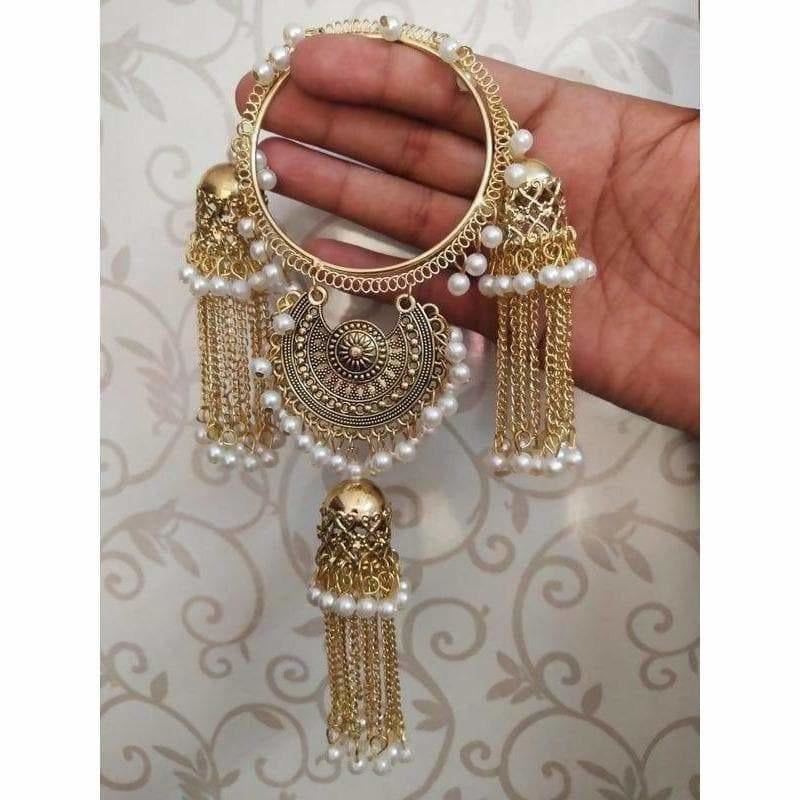 MS Fashion India Gold Color Jhumkas With White Pearls Hanging Bangles | Grocsy