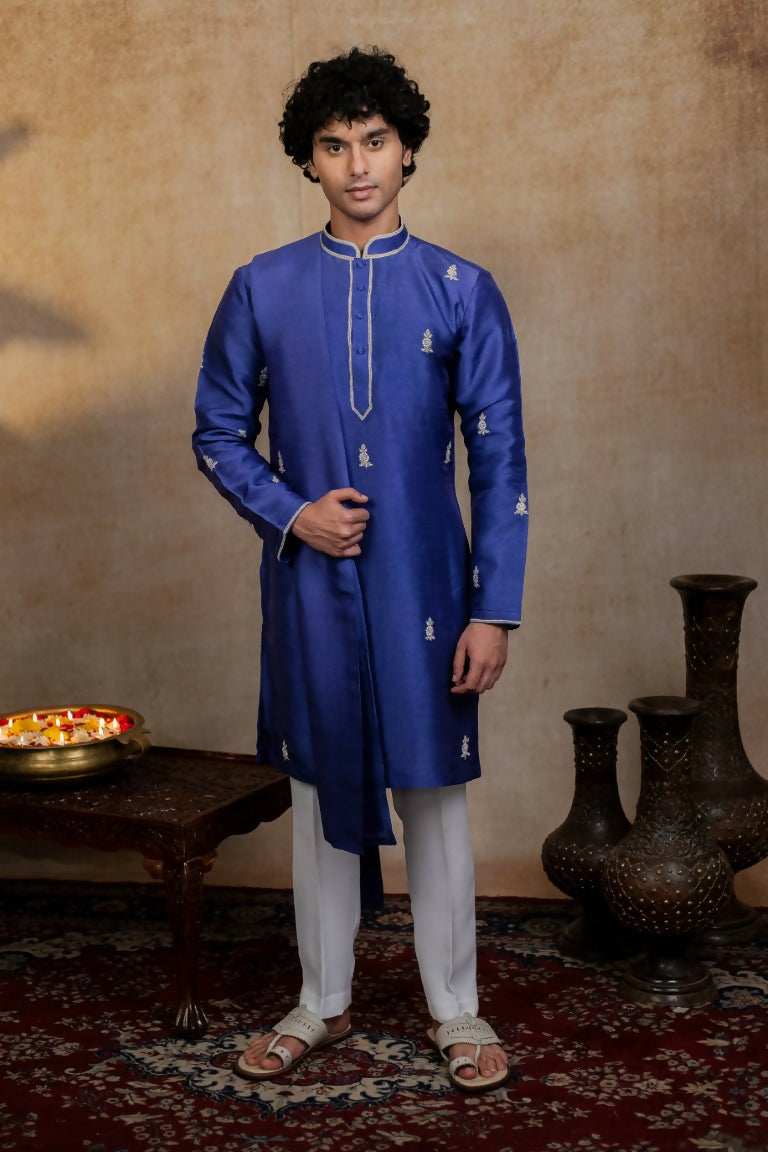 Falling Raw Silk Dark Blue Silver Stitches Kurta Set By Hilo Design | Grocsy
