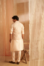 Peach Viscose Designer Printed Men's Kurta Set with Koti - Mahotsav | Grocsy