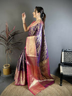 Prime Volt Pure Handloom Kanjivaram Katan Silk Saree with Antique Zari & Contrast Pallu-Purple | Grocsy