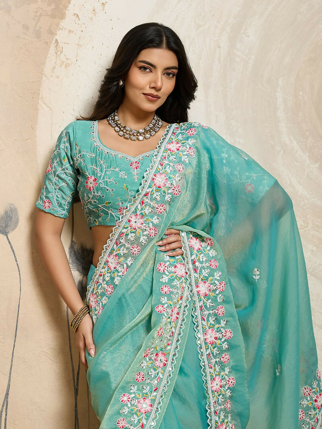Teeya Creation New Trendy Wedding Special Party Wear Soft Nxc Moss Chiffon Saree-Aqua_Blue | Grocsy