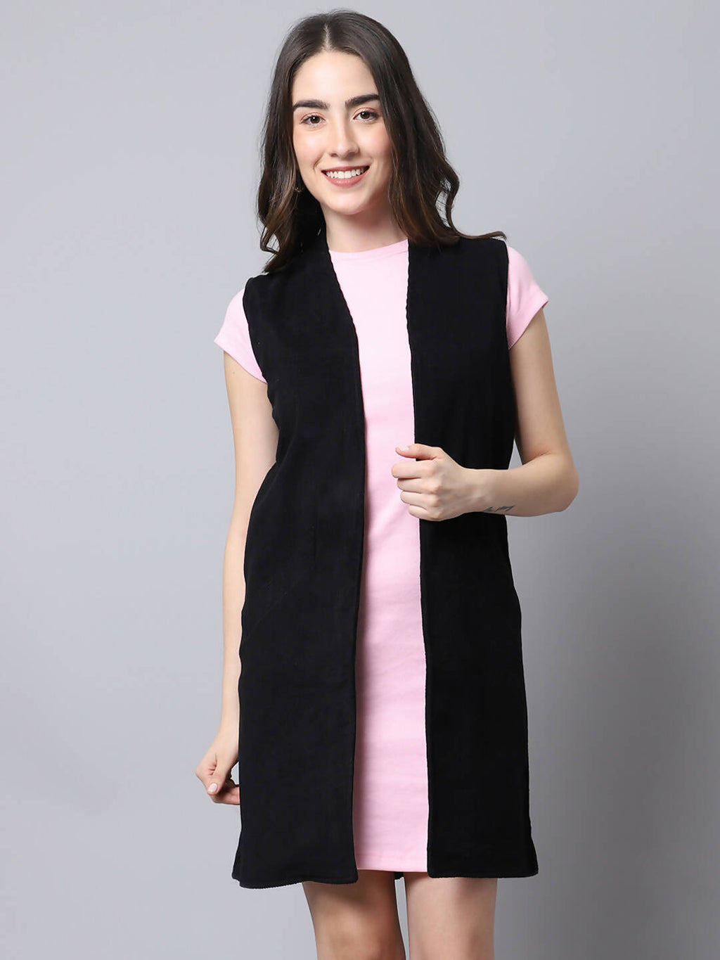 Even Apparels Black Polywool Open Front Corduroy Women's Long Coat | Grocsy
