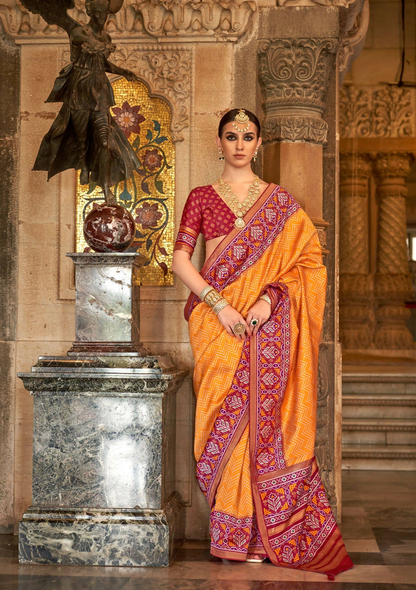 Orange Banarasi Weaving, Ultra Aqua Finish, Zari Work Banarasi Silk Saree - Rath Kunti | Grocsy