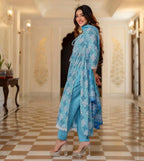 Alvano Women's Aliya Cut Kurti with Pant and Dupatta set Cotton Printed (Blue) | Grocsy