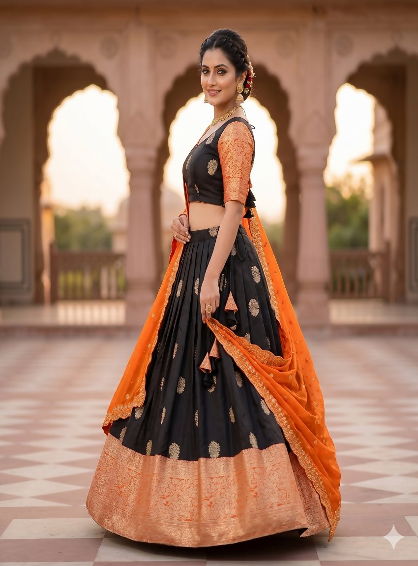 Teeya Creation Elegant Black Border Work Festive Chaniya Choli Set for Women | Grocsy