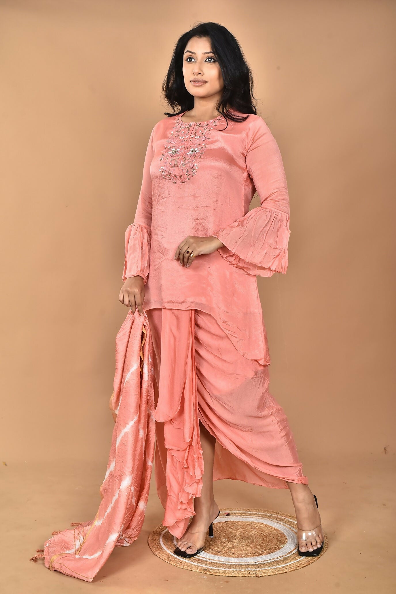 Morchari Women And Hand Embroidery Palazzo Set-Peach | Grocsy
