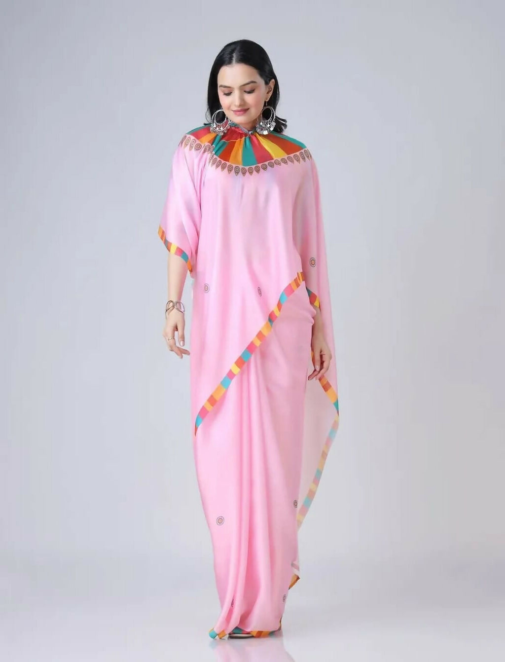 Vastranavya Baby Pink Ready to Wear Festive Print Free Hand Saree | Grocsy