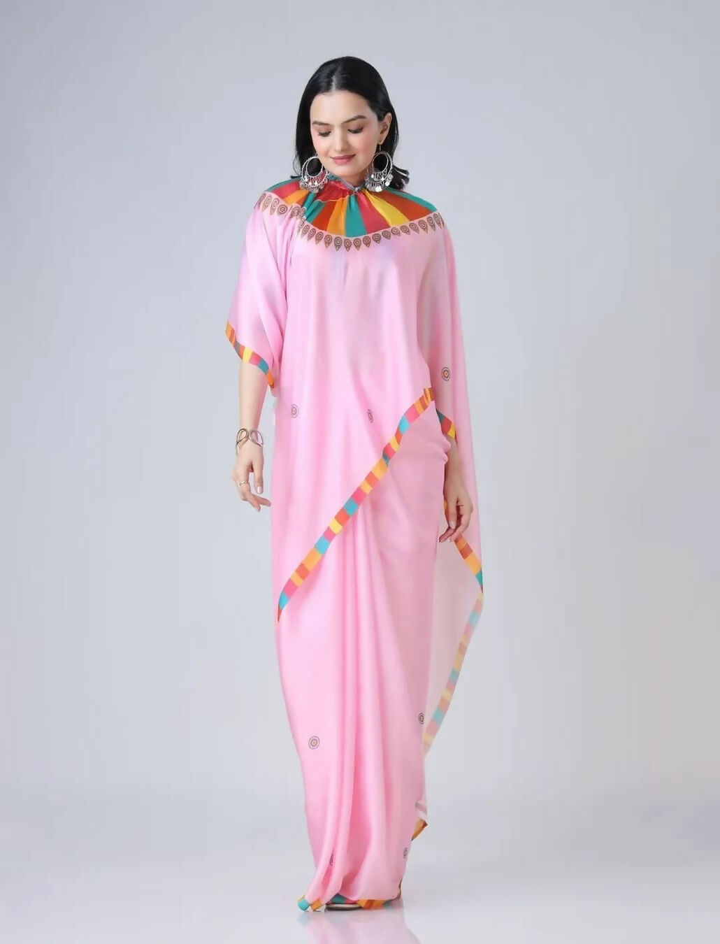 Vastranavya Baby Pink Ready to Wear Festive Print Free Hand Saree | Grocsy