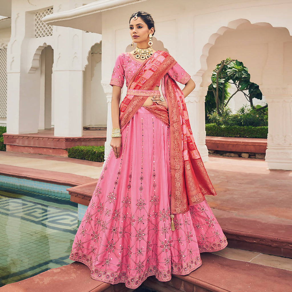 Bright Pink Heavy Viscose Khatli, Embroidery & Mirror Work Unstitched Lehenga Choli - Sisha Keshav | Grocsy