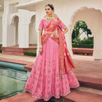 Bright Pink Heavy Viscose Khatli, Embroidery & Mirror Work Unstitched Lehenga Choli - Sisha Keshav | Grocsy
