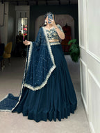 Vastranavya Gorgeous Georgette Lehenga Choli With Embroidered Banglory Blouse - Teal | Grocsy