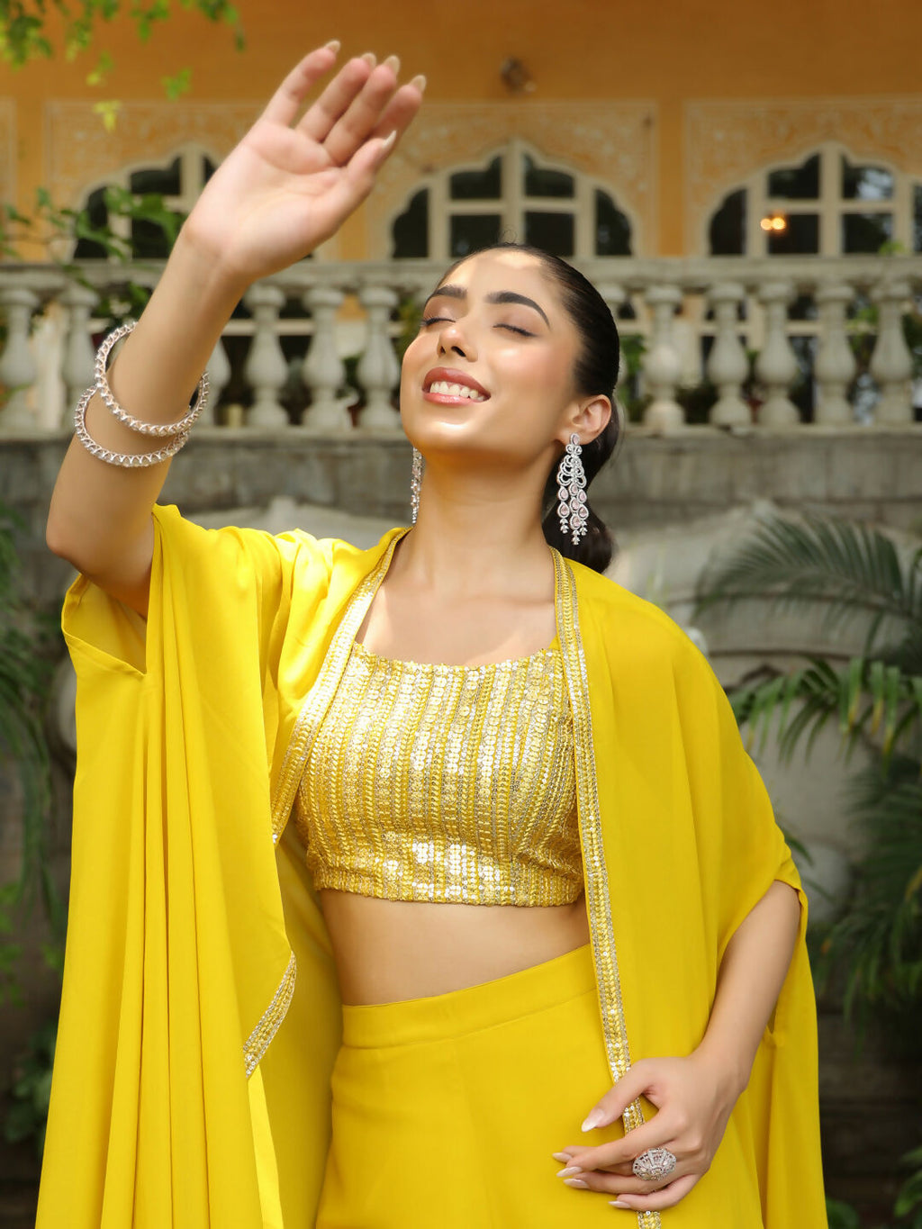 Janasya Yellow Georgette Sequined Top Bottom Cape | Grocsy