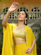Janasya Yellow Georgette Sequined Top Bottom Cape | Grocsy