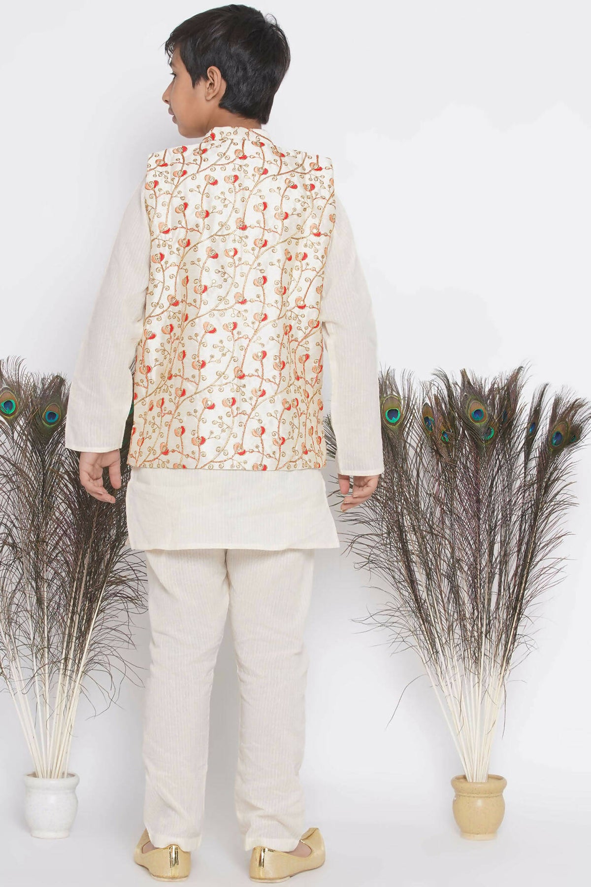Little Bansi Banarsi Red Tulip Embroidery Jacket with Cotton Kantha kurta and Kantha Pyjama - Cream | Grocsy