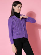 Women Pointelle Purple Acrylic Winter Cardigan - Wool Trees | Grocsy