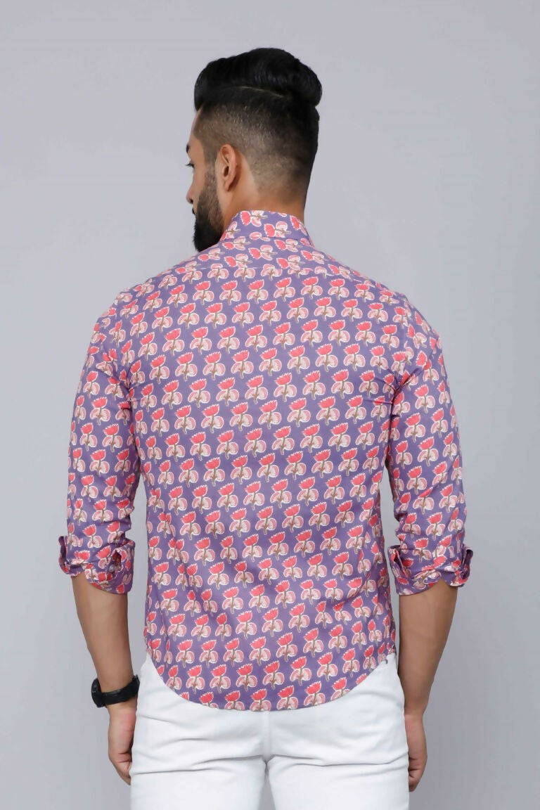 Miravan Men's Purple Floral Design Stylish Casual Cotton Shirt | Grocsy