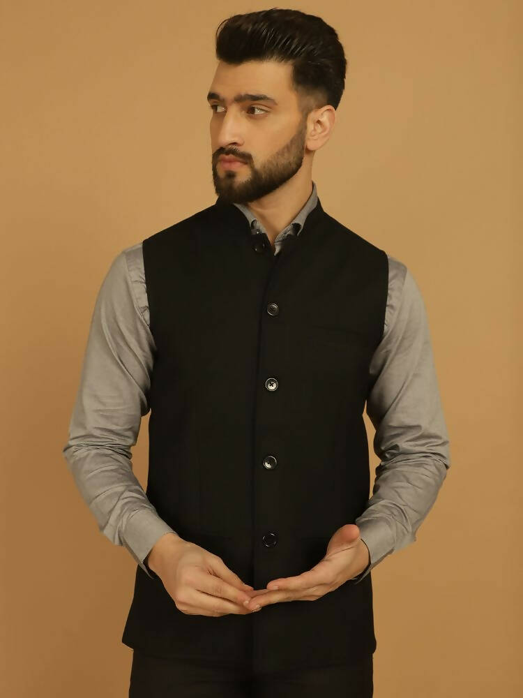 Even Apparels Nehru Jacket With Welt Pockets - Black | Grocsy