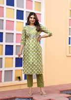 Alvano Printed 3Pcs Straight Kurti with Pant and Dupatta set for women and Girls Rayon (Light Green) | Grocsy
